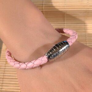 Light Pink Braided Thick Light Pink Vegan Leather Magnetic Clasp Bangle Bracelet
